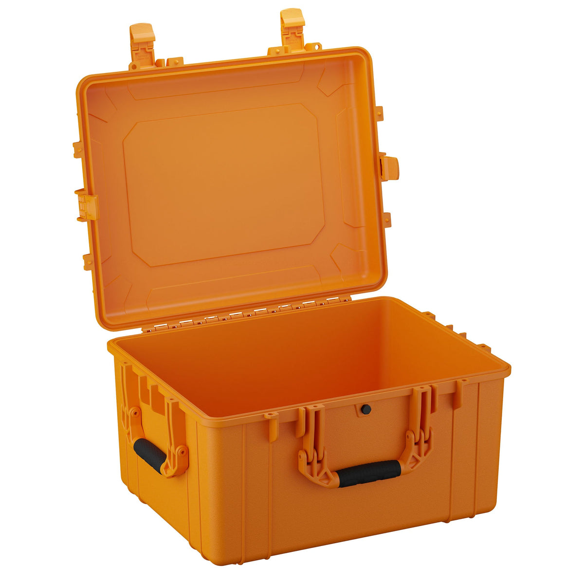 64 cm large orange protective case with open lid, featuring durable handles and secure latch closures.