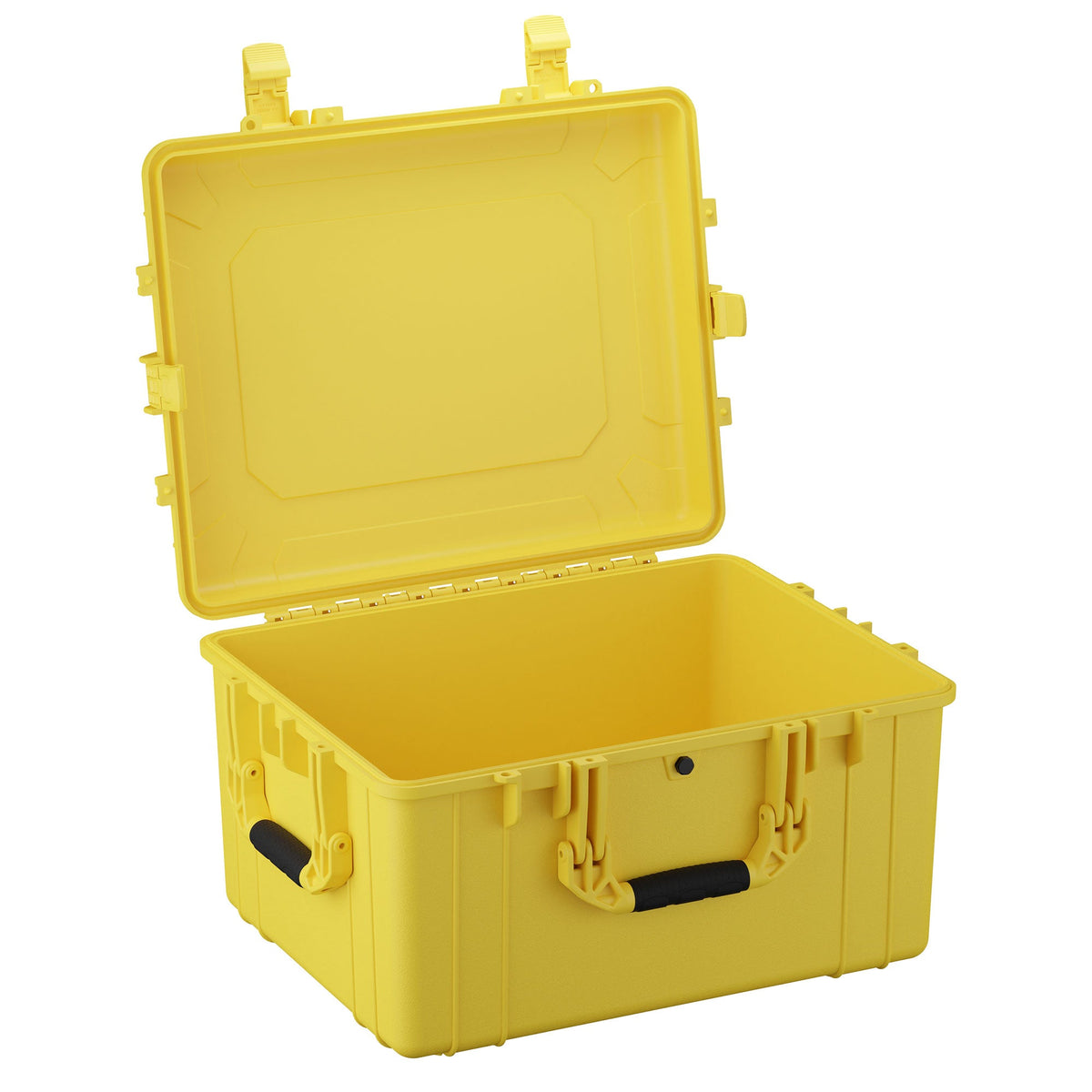 Yellow 64 cm large hard case open and standing upright, revealing the spacious interior and sturdy latches, designed for durable and secure storage.