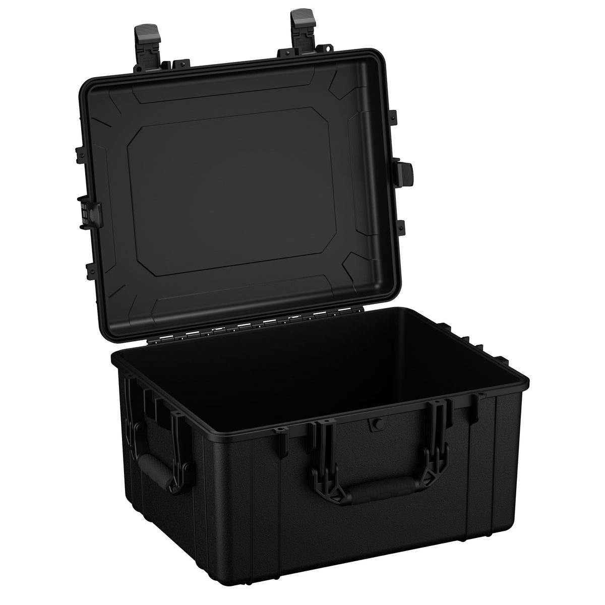 Large 64 cm black protective hard case with open lid, featuring durable handles and secure latch closures, suitable for equipment storage and transport.