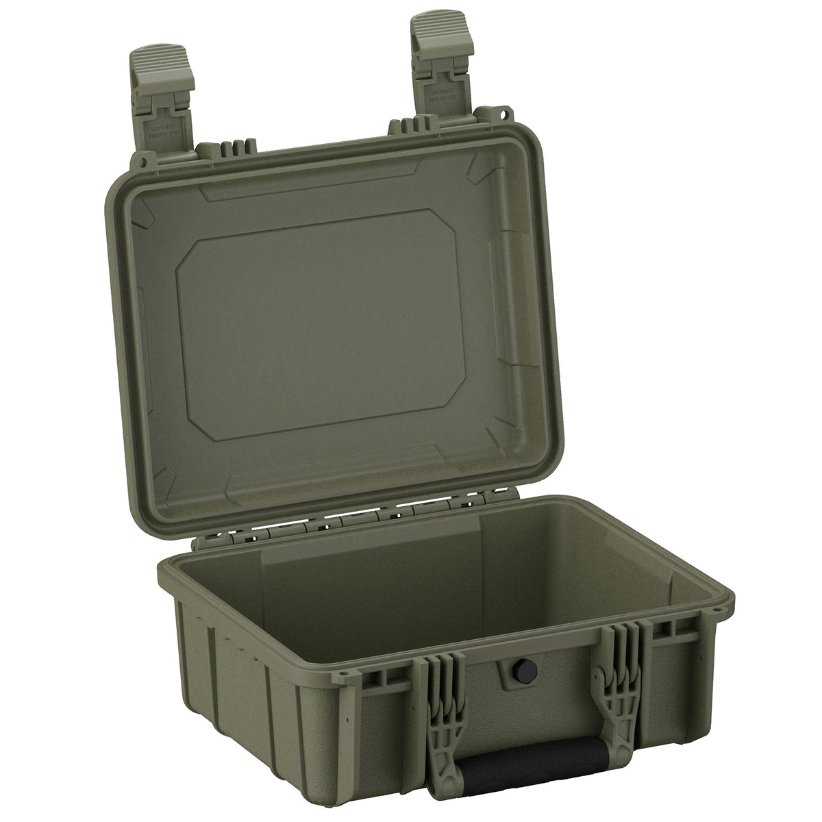 Open 36 cm medium-sized olive green hard case with durable plastic exterior, featuring dual latch closure and a robust handle, ideal for secure storage and transport.