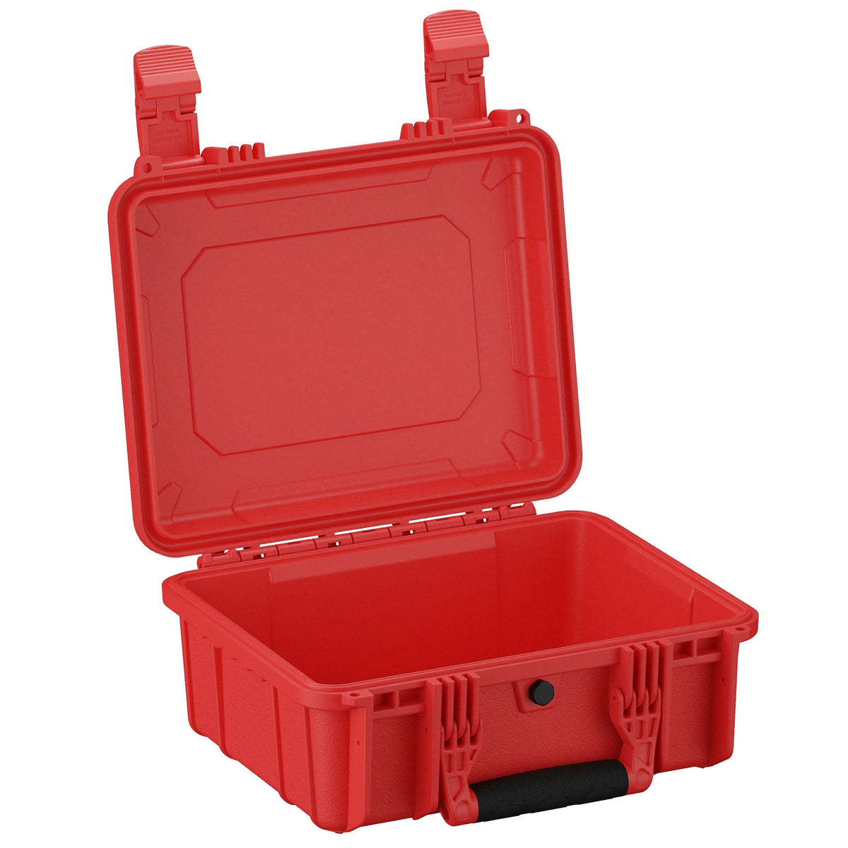 Red 36 cm medium protective case open to display its spacious, rugged interior and secure clasps, ideal for storage and transportation of sensitive items.