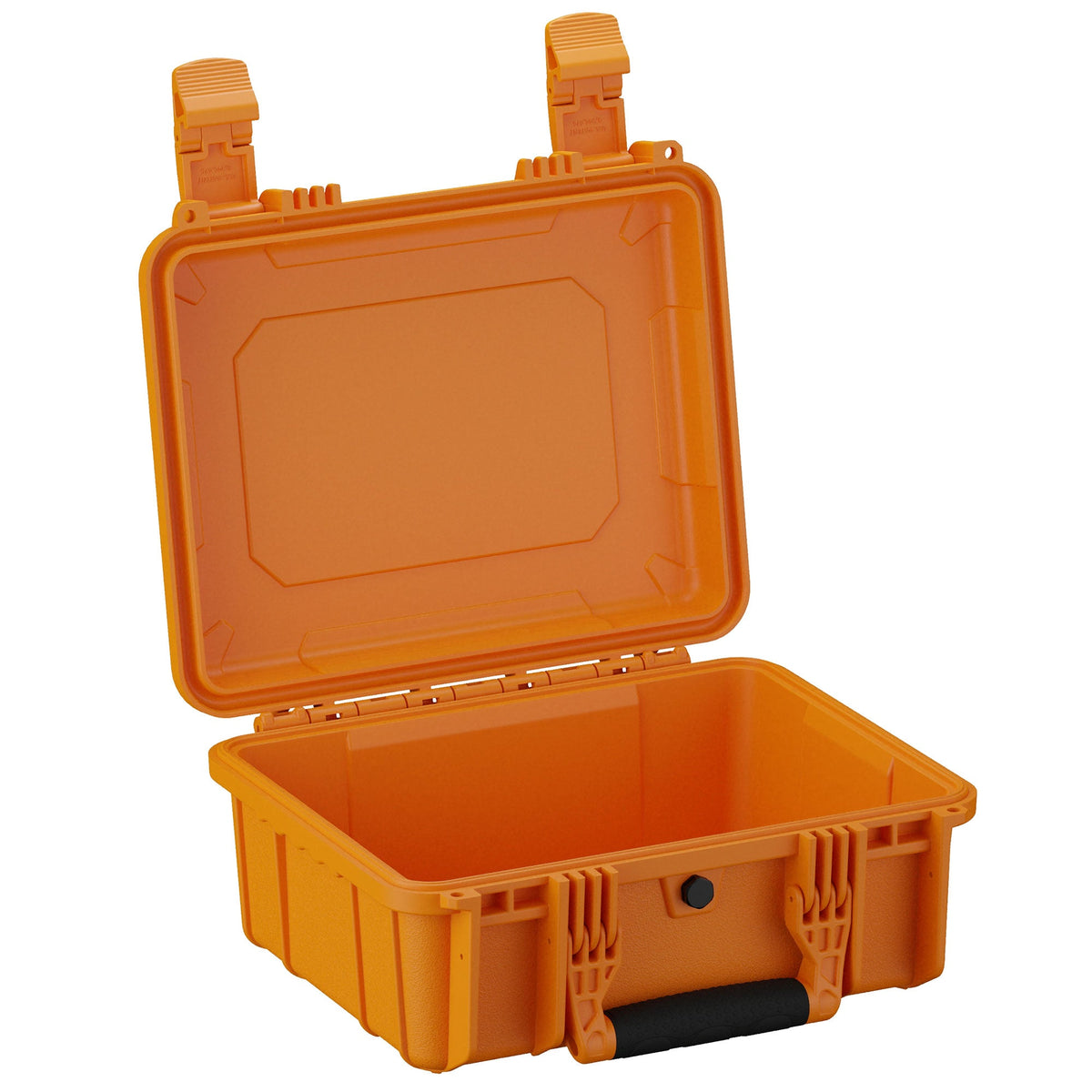 Open orange 36 cm medium-sized rugged case (Case #075) with durable latches and a foam-padded bottom, showing interior and lid design.