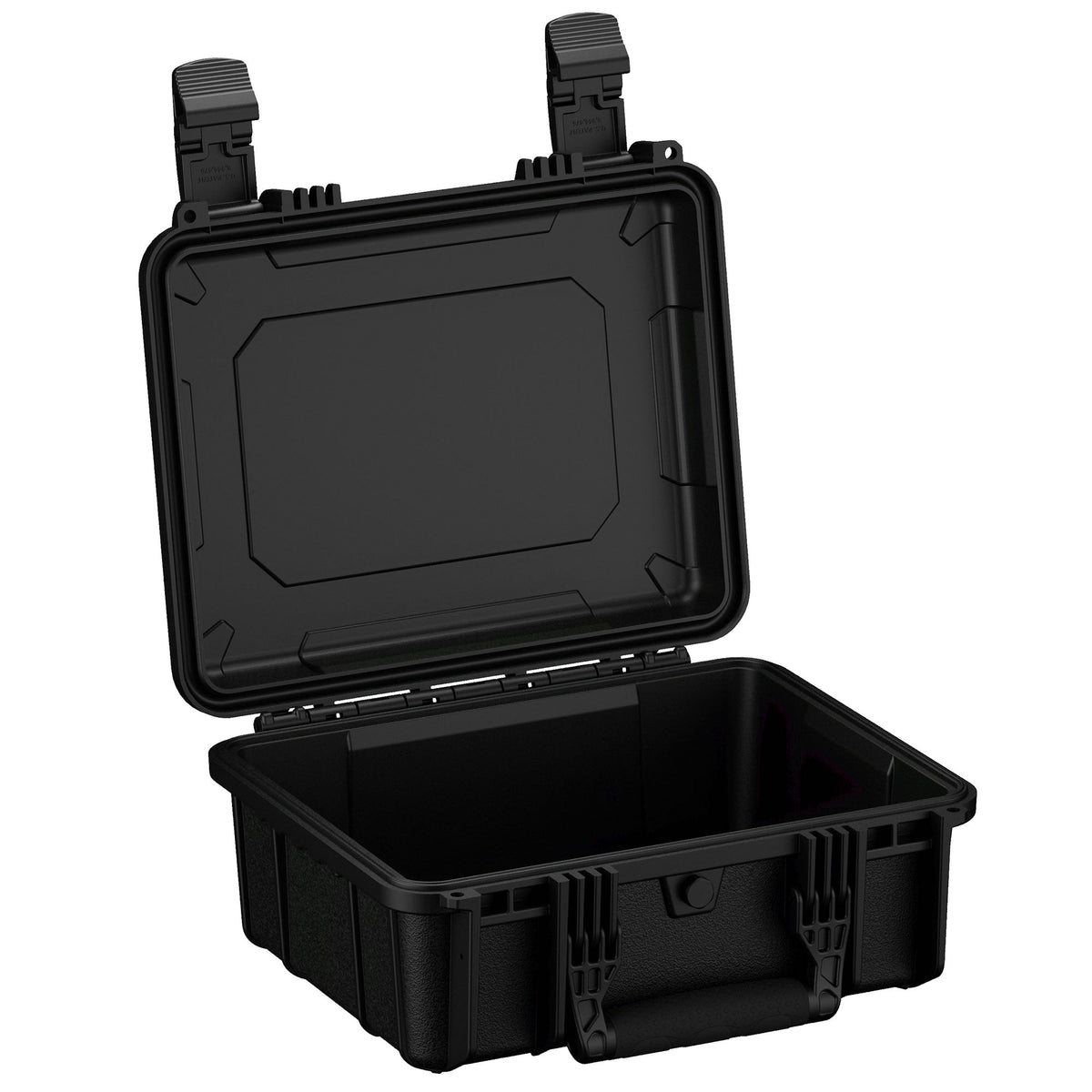 Open black, 36 cm, rugged medium-sized case with dual latch system and a durable handle, showing interior and underside of lid with reinforced corners for extra protection.