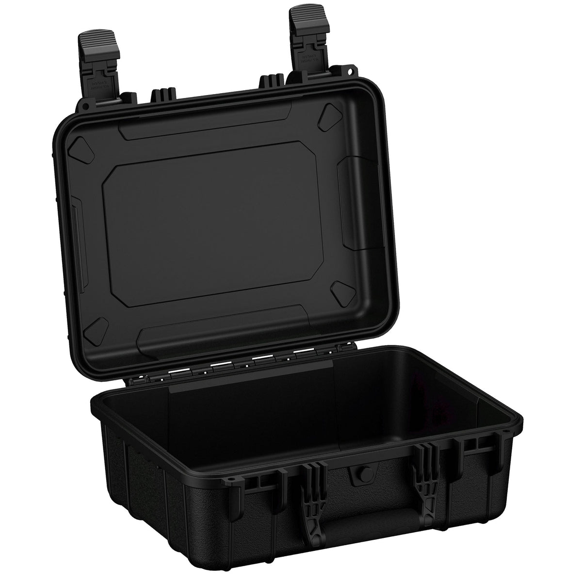 Black high-durability 41 cm medium-sized hard case with rugged exterior, dual locking clasps, and foam-padded interior, open and empty, showing both base and lid.