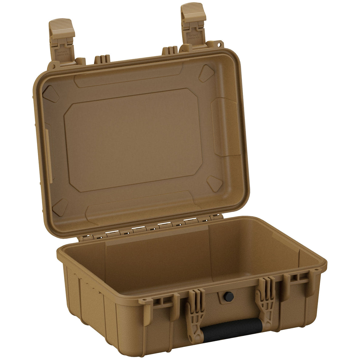 Open 41 cm tan medium-sized case with rugged design, featuring sturdy latches and a foam-padded bottom, ideal for secure storage and protection of contents.