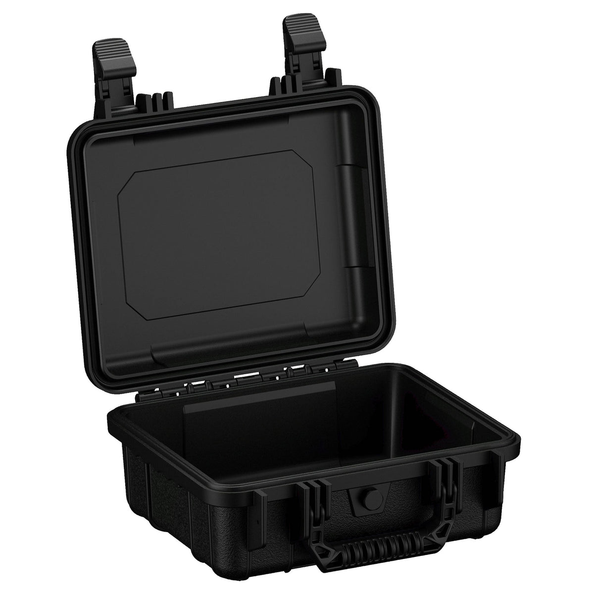 Black protective hard case, model #184, 28 cm, with an open lid showing the interior and sturdy external clasps, designed for securing and protecting delicate items.
