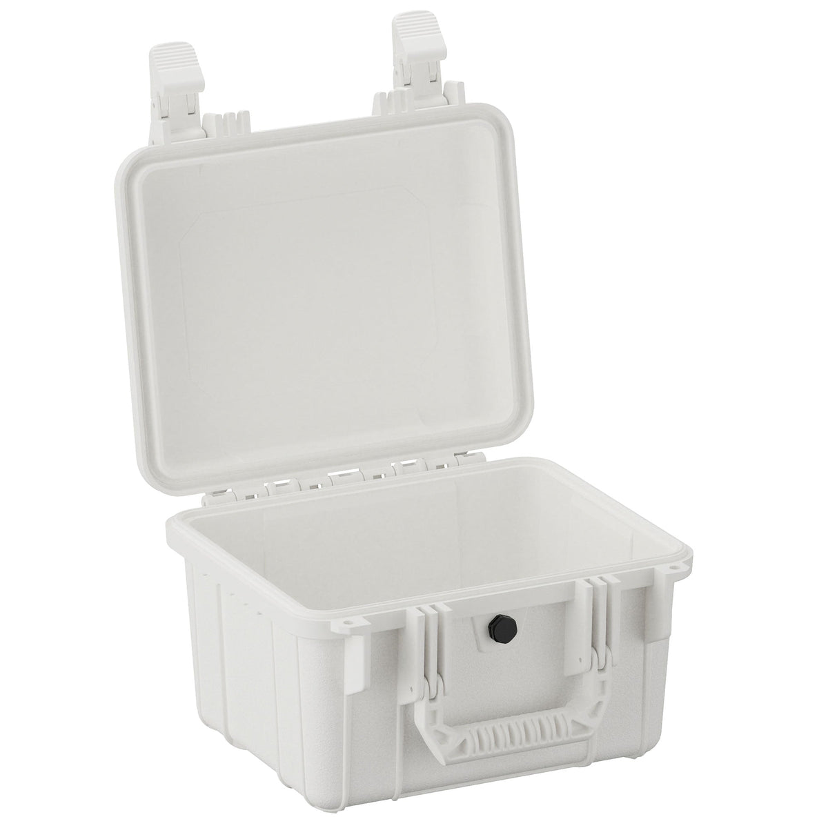 Open 28 cm small, rugged white protective case with durable latches and a drain plug, designed for secure storage and transportation.