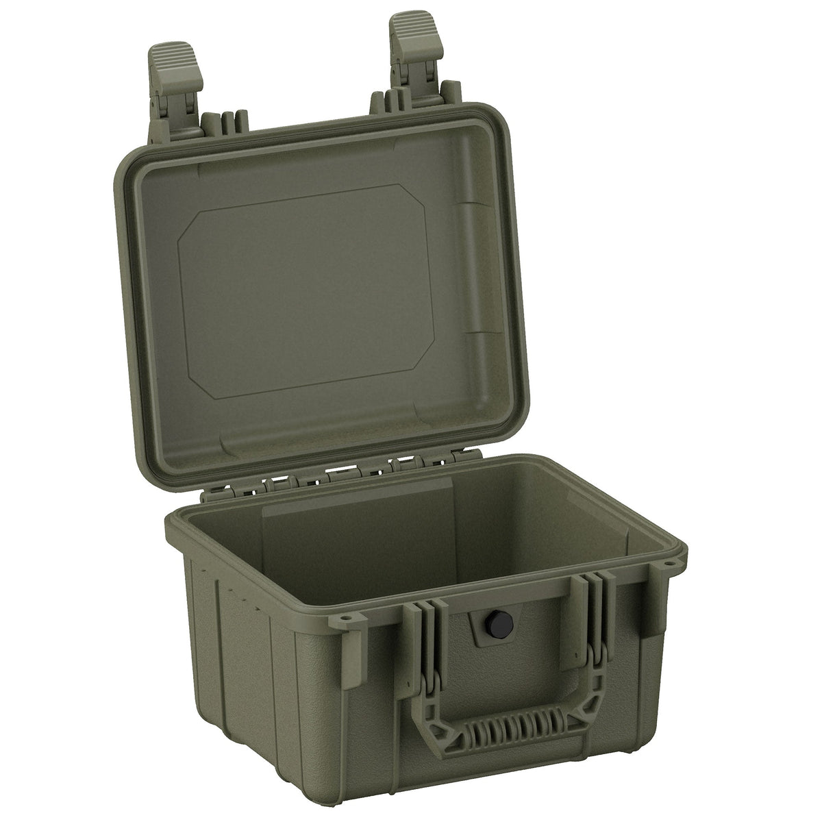 Open olive green 28 cm small hard case with sturdy handles and secure latches, displaying its empty, robust interior suitable for protecting delicate items.