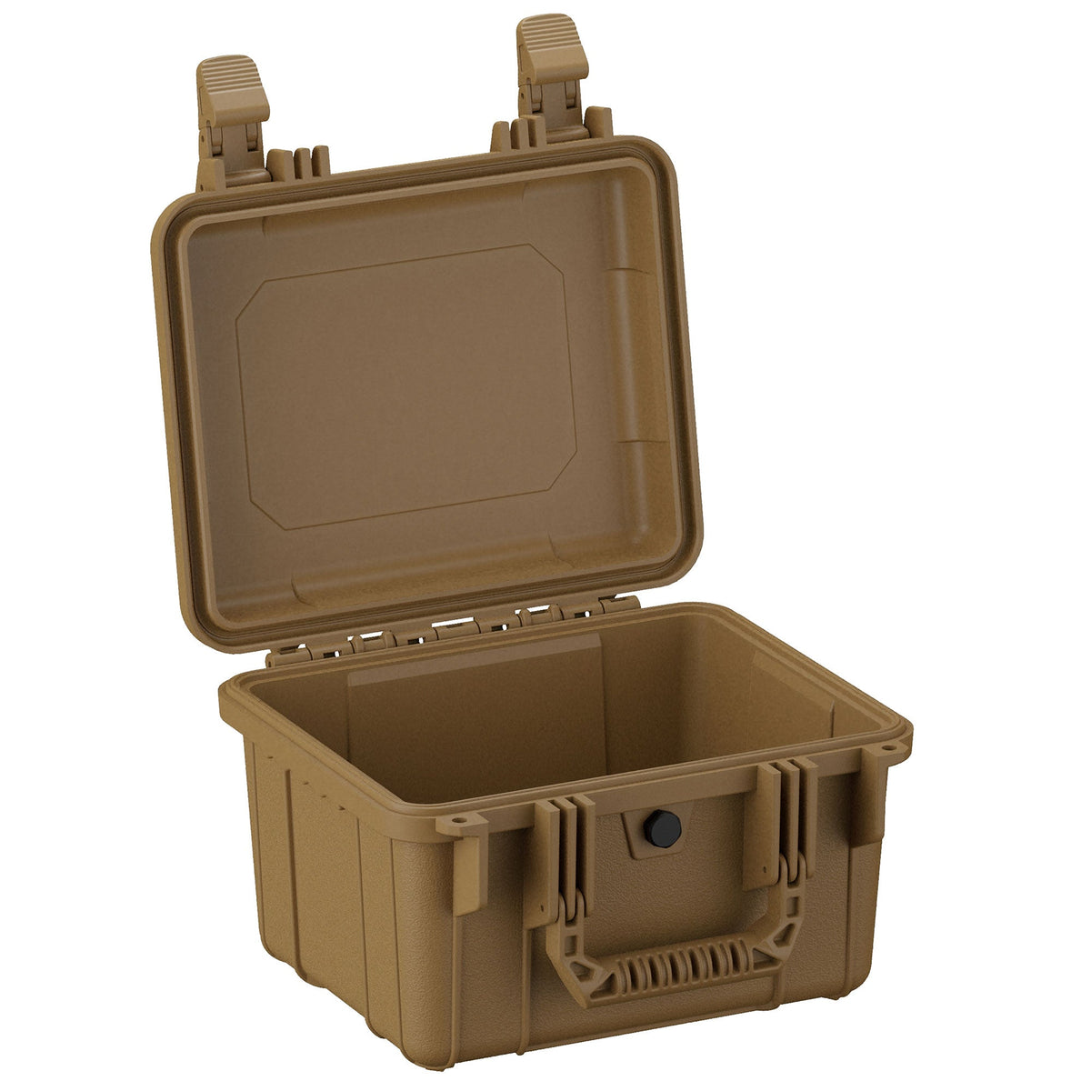 28 cm small rugged storage case shown open, in a tan color, featuring robust hinges, a sturdy handle, and a secure latch system, ideal for protecting delicate equipment.