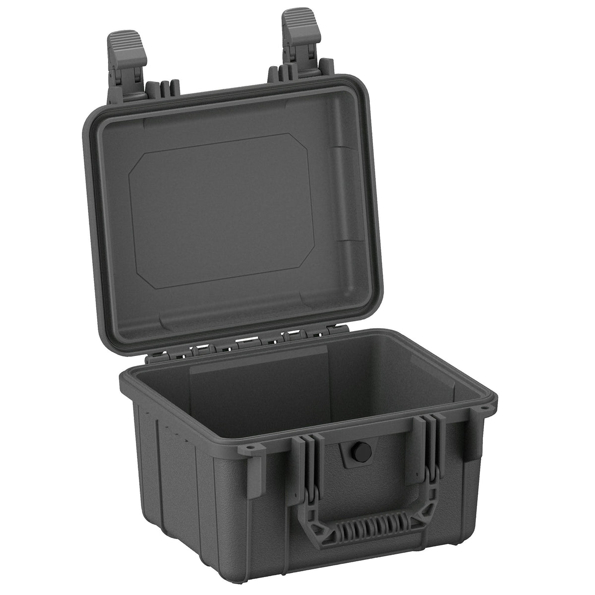 Durable, dark gray 28 cm small protective case opened to reveal its empty interior, featuring robust handles and secure latch closures designed for safe storage and transport of sensitive items.