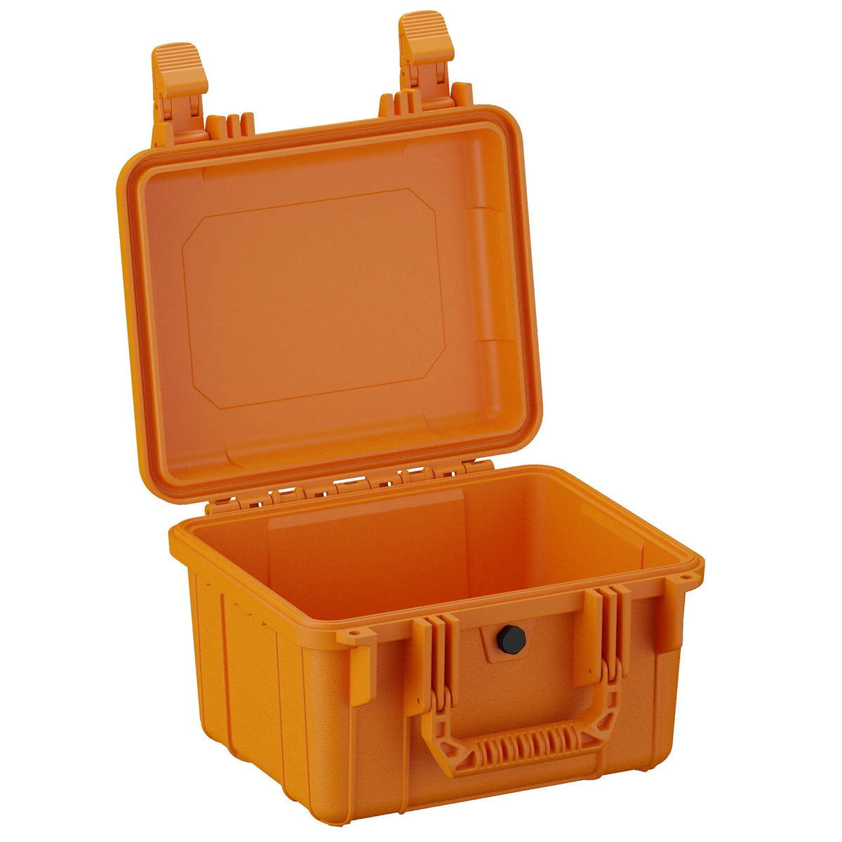 Orange protective hard case, 28 cm, with an open lid revealing a spacious empty interior, designed for secure storage and transportation of sensitive items.