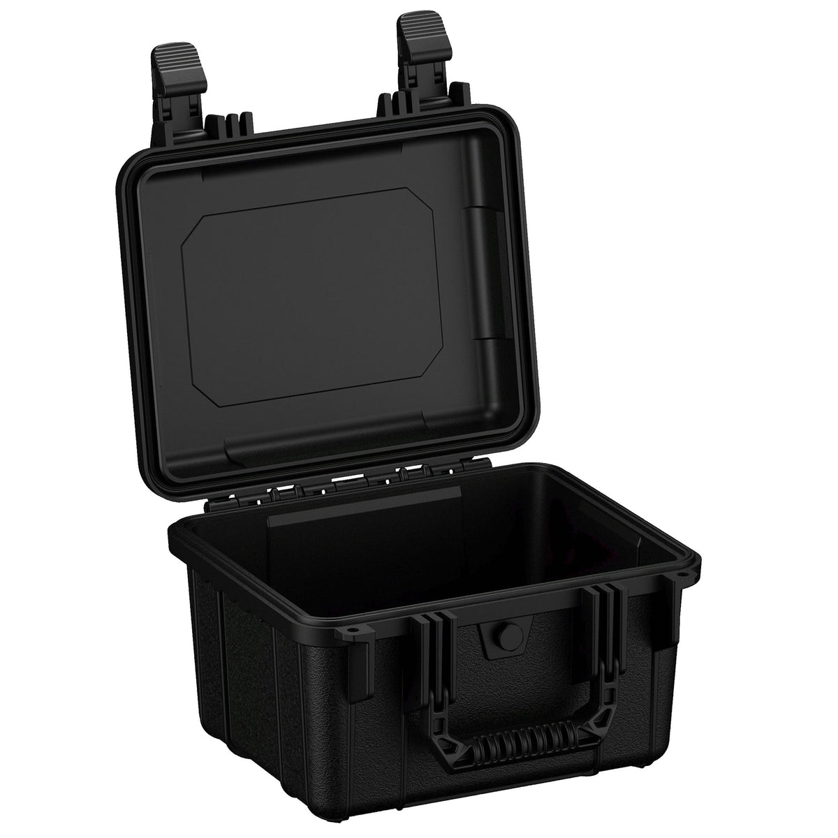 Open 28 cm black protective case with a durable exterior and empty, deep compartment, featuring dual latch closures on top for secure storage.