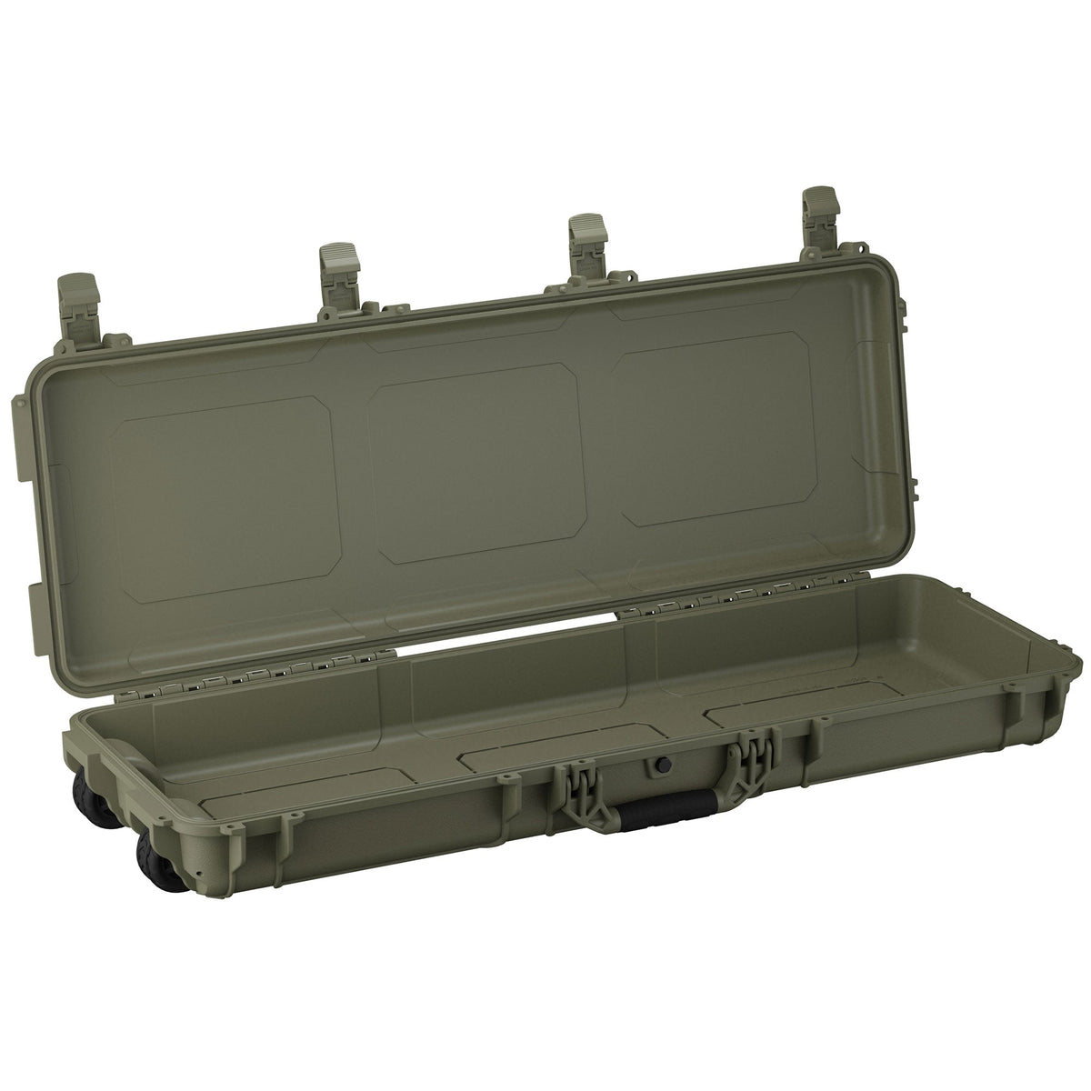 Olive green, 114 cm long protective hard case with a lid, latches, and wheels, designed for secure storage and transport.