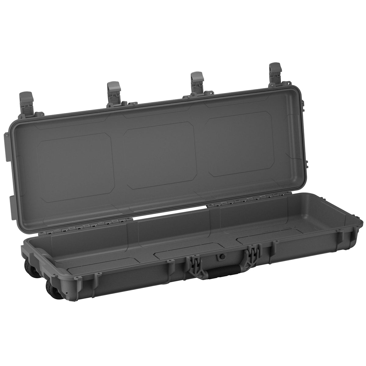 Open 114 cm long black protective case with secure latches and wheels, designed for durable storage and transport.
