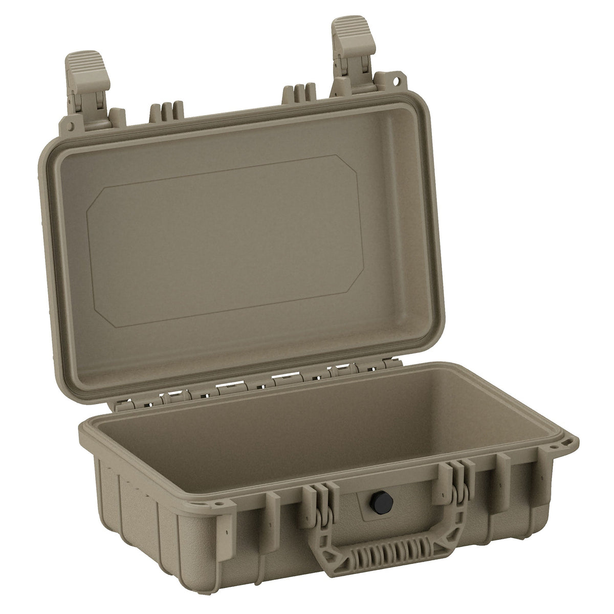 Durable 33 cm small protective case in olive green, with an open lid showing interior depth and empty space, featuring sturdy latches and a rugged handle for secure closure and easy carrying.