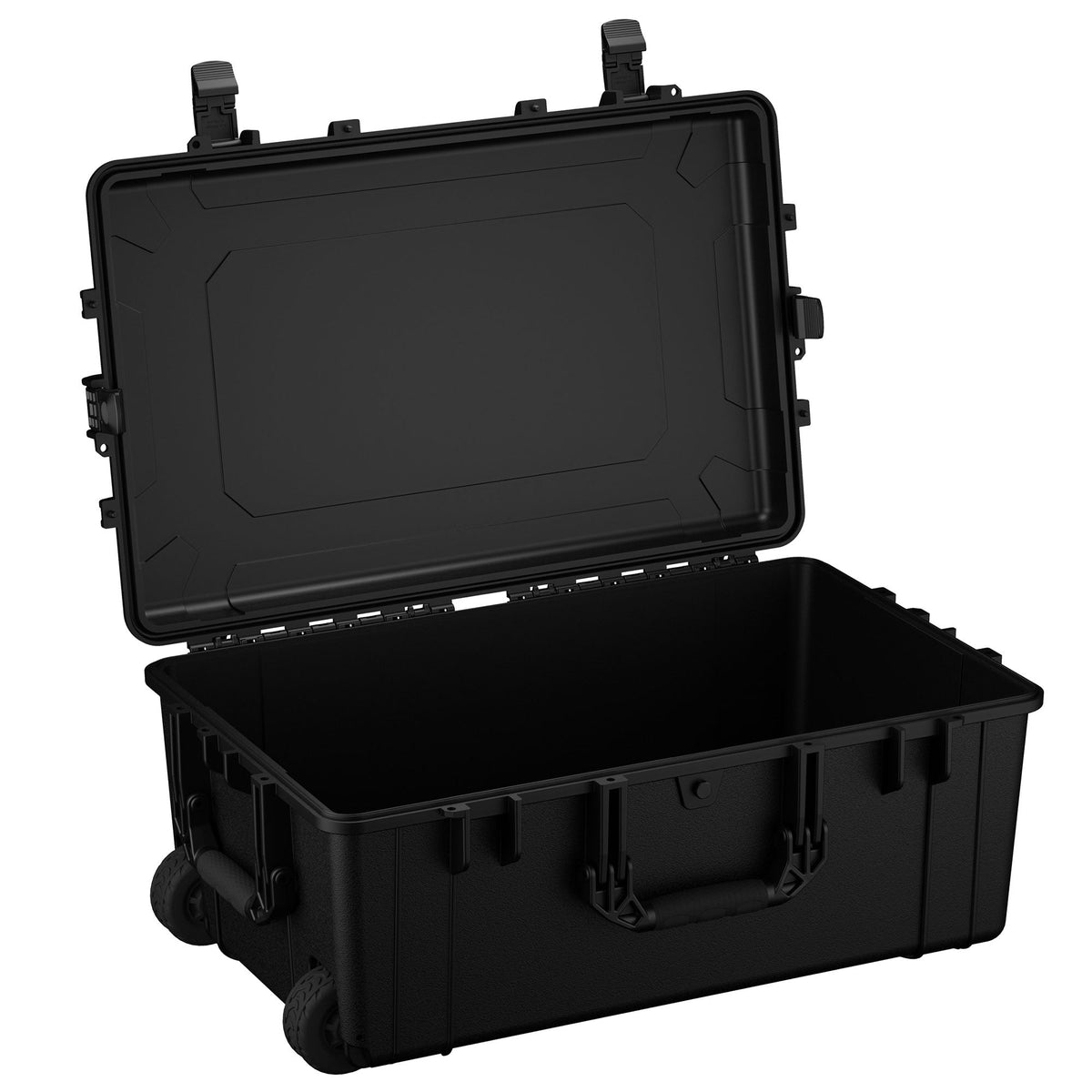 Large black protective hard case with wheels, model 1258, open to display the deep storage compartment and robust latches.