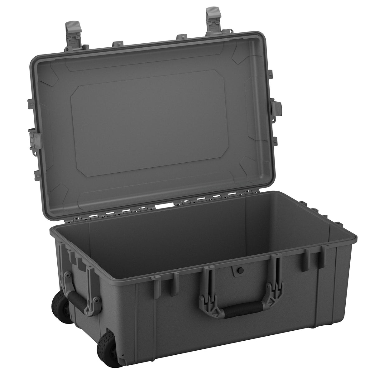 Large 79 cm durable case #1258 in gray, showing open lid and empty interior, equipped with sturdy handles and wheels for easy mobility.