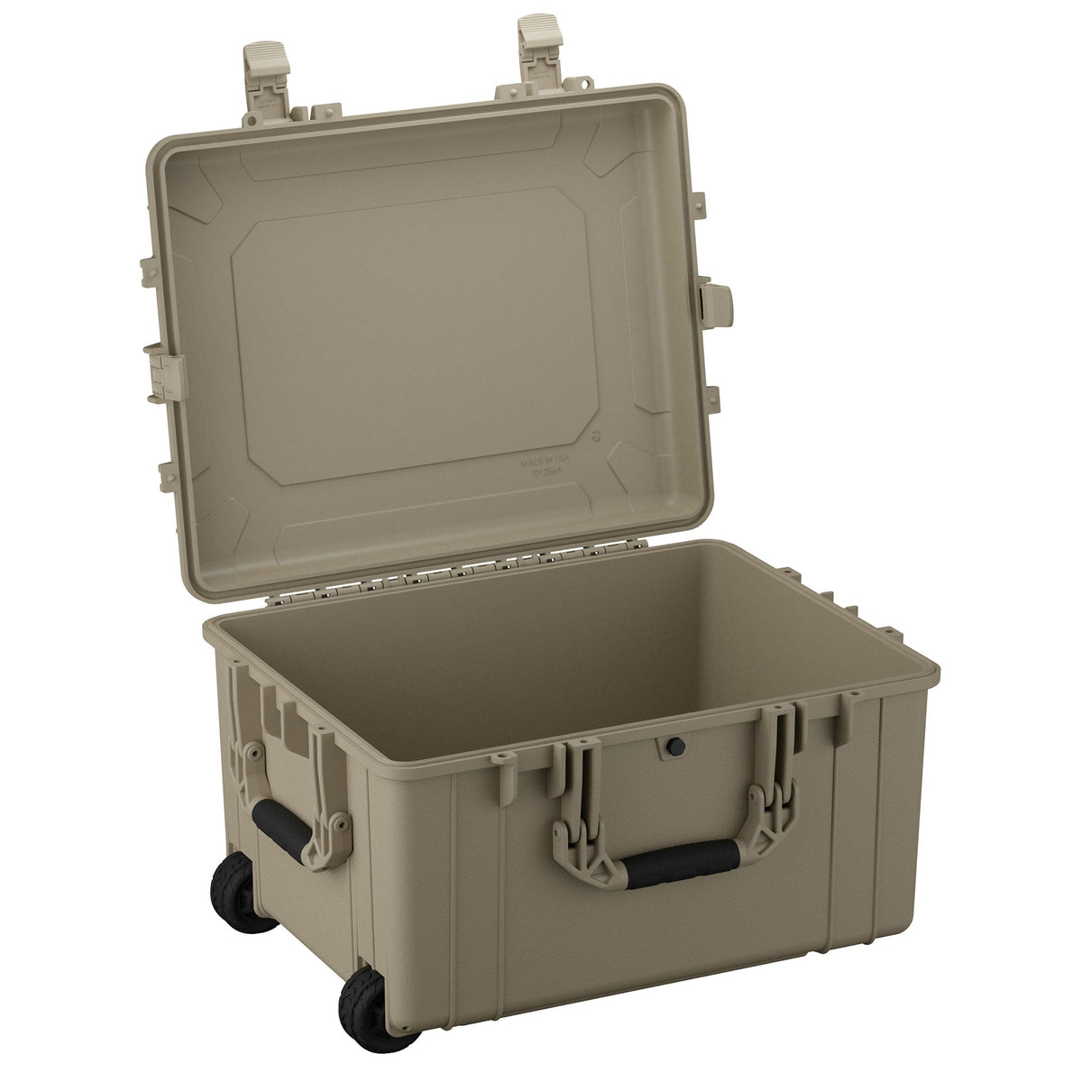 Open 64 cm large protective hard case in light beige with robust handles and durable wheels, featuring a reinforced structure and secure latches, ideal for valuable equipment storage and transport.