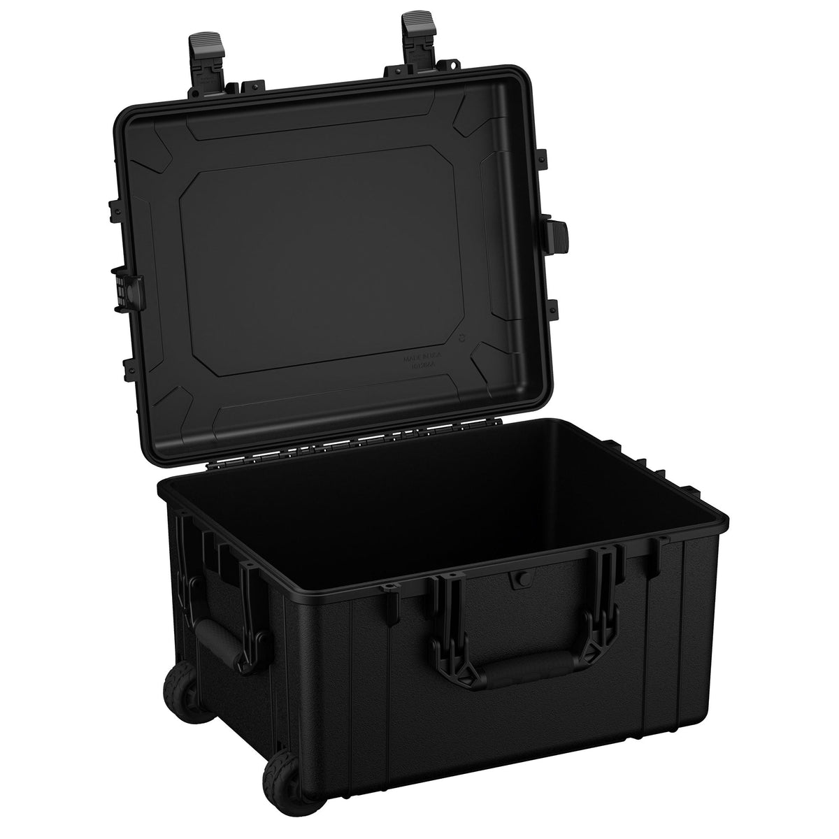 Black rugged hard case, model number 286, with 64 cm dimensions showcased open to display the deep storage space and tough exterior. The case features durable wheels, secure latches, and a reinforced top handle for mobility.
