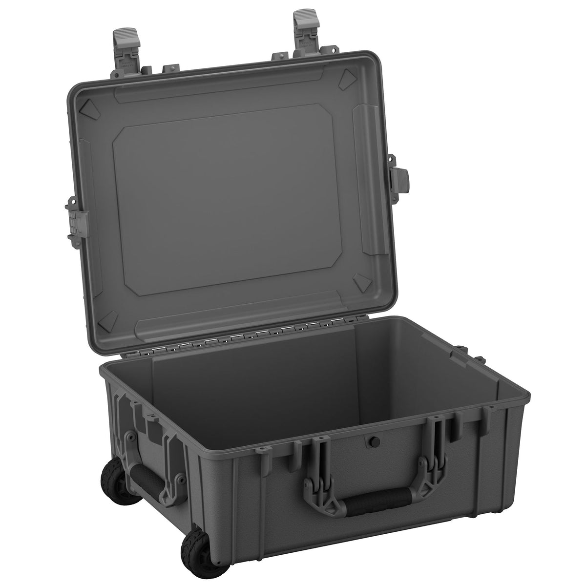 Large 64 cm rugged case #287 in gray, featuring durable wheels and dual locking clasps, open to display empty interior.