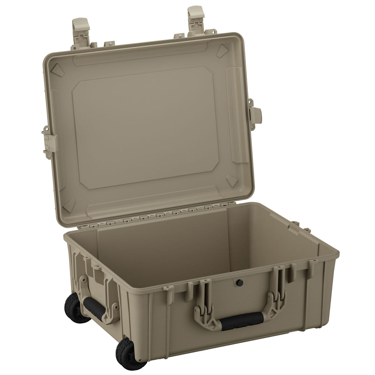 64 cm large protective case in olive green, model #287, featuring a robust design with sturdy latches and wheels, open to display its spacious, empty interior.