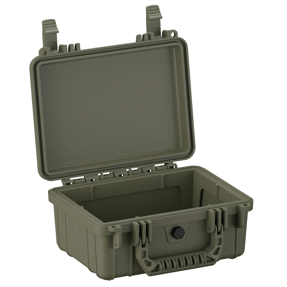 Olive green 25 cm small hard case model #312, shown open, featuring durable exterior with secure latches and a foam-lined interior for protection.