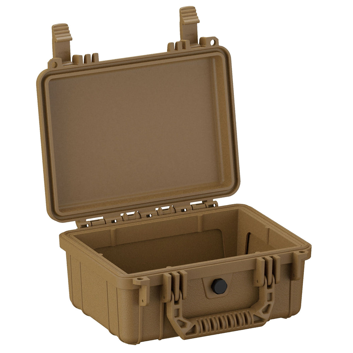 Open 25 cm small protective case in desert tan color, featuring durable clasps and a reinforced exterior.