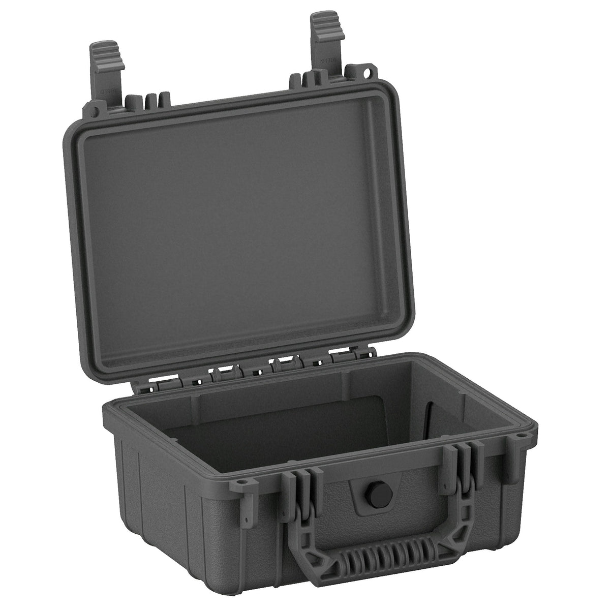 Open 25 cm small protective case #312 in dark gray, featuring rugged design with sturdy latches, a reinforced exterior, and smooth interior padding.