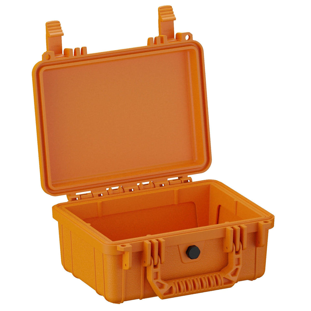 Open 25 cm small orange protective case, model #312, featuring rugged exterior, sturdy clasps, and a hollow interior, suitable for storing and protecting delicate items.