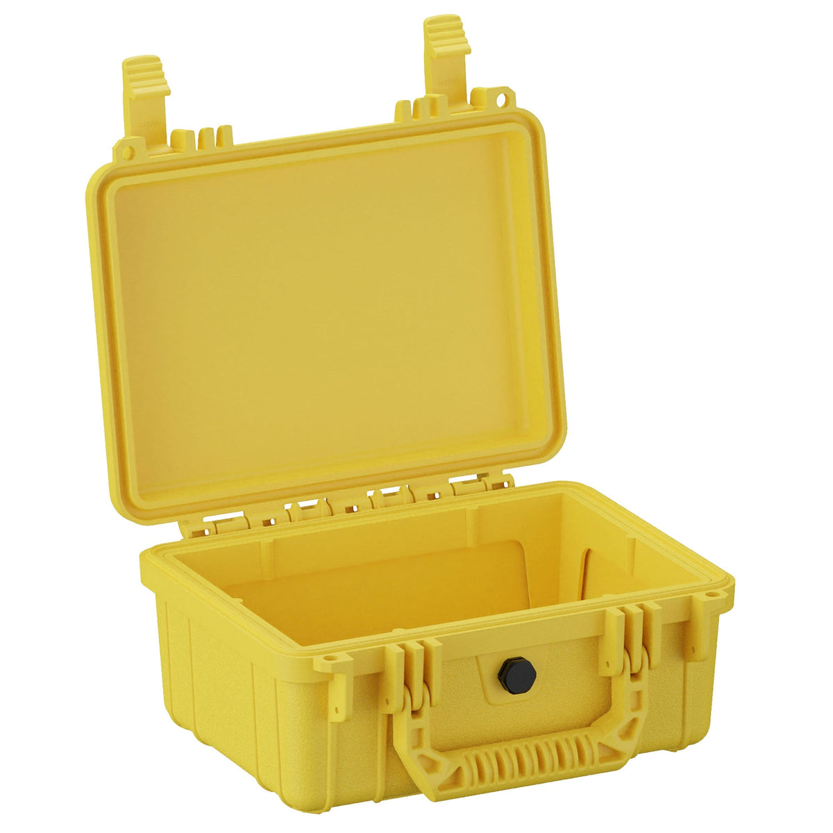 Open bright yellow protective hard case, 25 cm in size, displaying robust handles and latches, with an air pressure release valve and interior design details for secure storage, model #312.