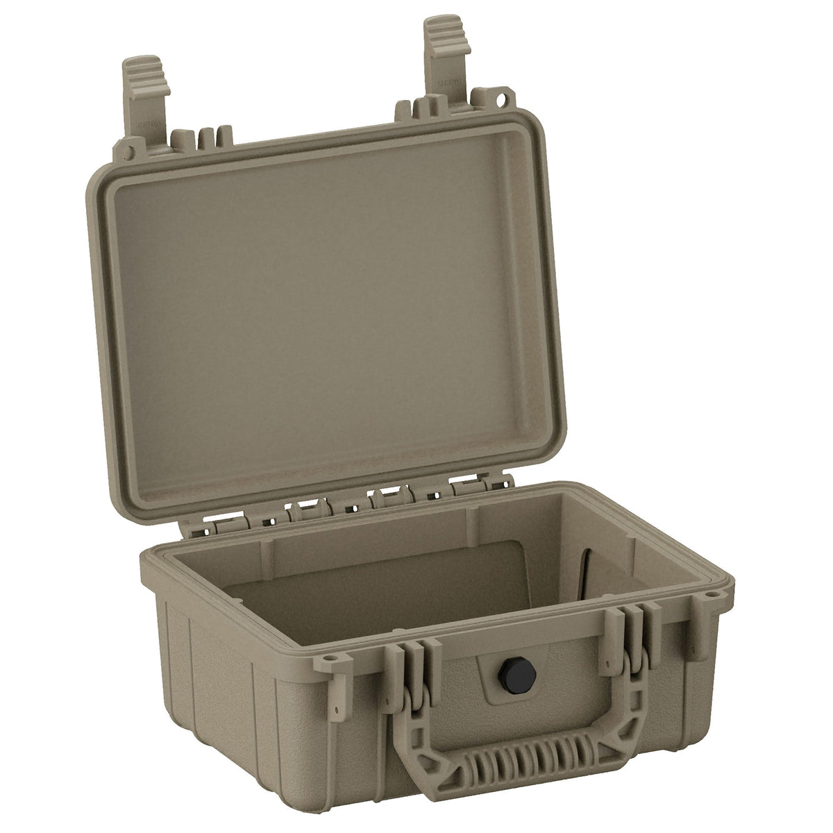 Open 25 cm small protective case, model #312, in ranger green with sturdy clasps and a reinforced exterior, showing empty interior.