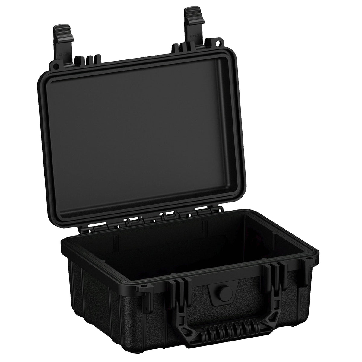 25 cm small black protective case with robust handles and secure latches, open to display empty interior, suitable for sensitive equipment storage.