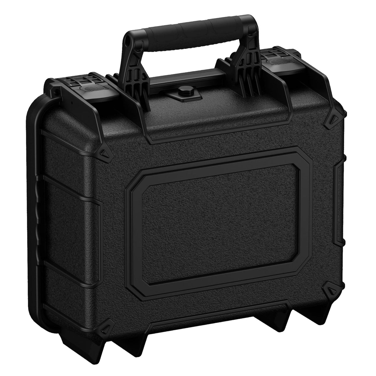 Black rugged medium-sized protective case with dual latch system and a reinforced handle, designed for secure transport and storage, marked as Case #075.