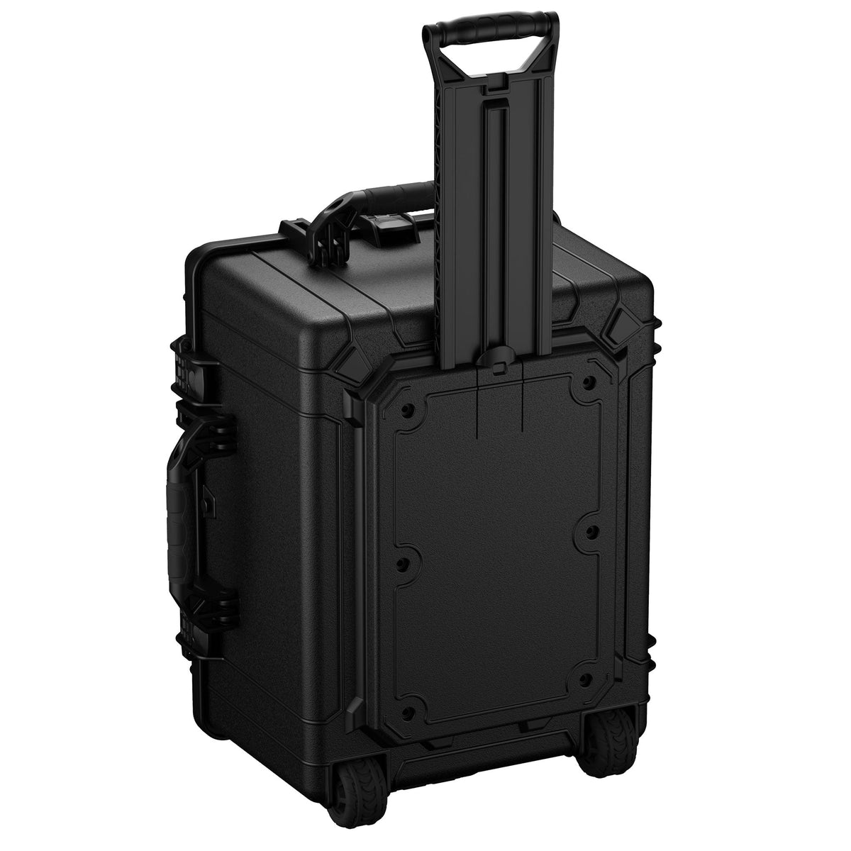 Black 64 cm large hard case with durable wheels and retractable handle, featuring heavy-duty latches and reinforced corners, ideal for secure transportation of equipment.